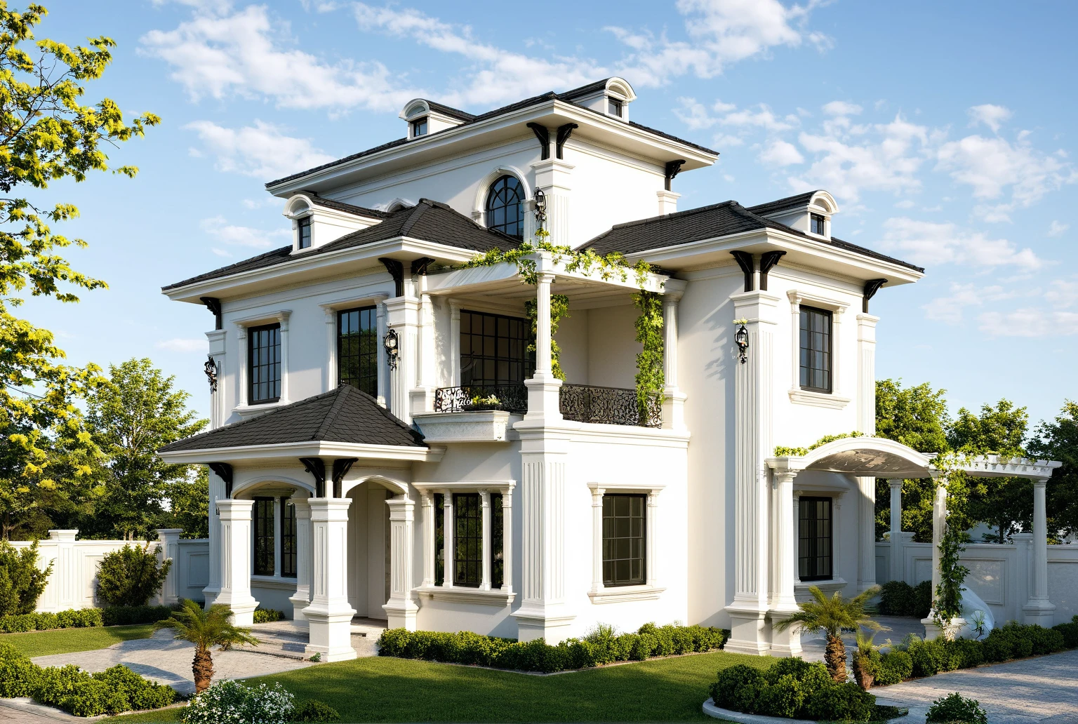 neoclassic house, exterior design, (white wall:1.3), Pair of Italian Neo-Classic Style White Railings, (hip and valley roof), Neoclassical design with complete detailed motifs, Neoclassical design completes the house with the most complete plan of facades and corners around the house, (emphasis on neo-white details), (reflection glass Tree shadow scattering), window, (focus on object), (Neutral lighting is suitable for the neoclassic house, light color thermometer lighting), (architectural design visualization:1.3), (focus on object), (material normal bump real reflection), (scattered light), (light ray), (multi-beam light), (sunbeam) (multi-level reflection), (chao vantage software visualization render:1.2),(((Best Quality))), ((Masterpiece)), ((best illustration)), ((best shadows)), ((Super Detail)), (Intricate lines), (Photorealism),(hyper detail), ((archdaily)), ((award winning design)), (dynamic light), ((dawn sun light )), (perfect light), (shimering light), ((photorealistic)), ((intricate detail)), ((extreme detail)), ((crazy detail)), ((octane render)), ((trending on artstation)), ((High-fidelity)), ((Viwvid)), ((Crisp)), ((Bright)), ((Stunning)), ((Eye-catching)), ((High-quality)),((Sharp))((Bright)), ((Stunning)), ((natural sun environment)), ((Eye-catching)), ((Illuminating)), ((Flawless)), ((High-quality)),((Sharp edge render)), ((medium soft lighting)), ((photographic render)), ((detailed archviz)), ((reality environment)), (neoclassic house design architectural design facade), (neoclassic house facade roof design), (neoclassic house facade wall design), (neoclassic house facade decoration material design) (neoclassic house facade door and window design), (neoclassic house facade lighting design), (Neoclassical house material design motif), (level of photo realism, depends on lighting, materials, composition, Real-Time Rendering, based on chao vantage timage rendering graphics software)