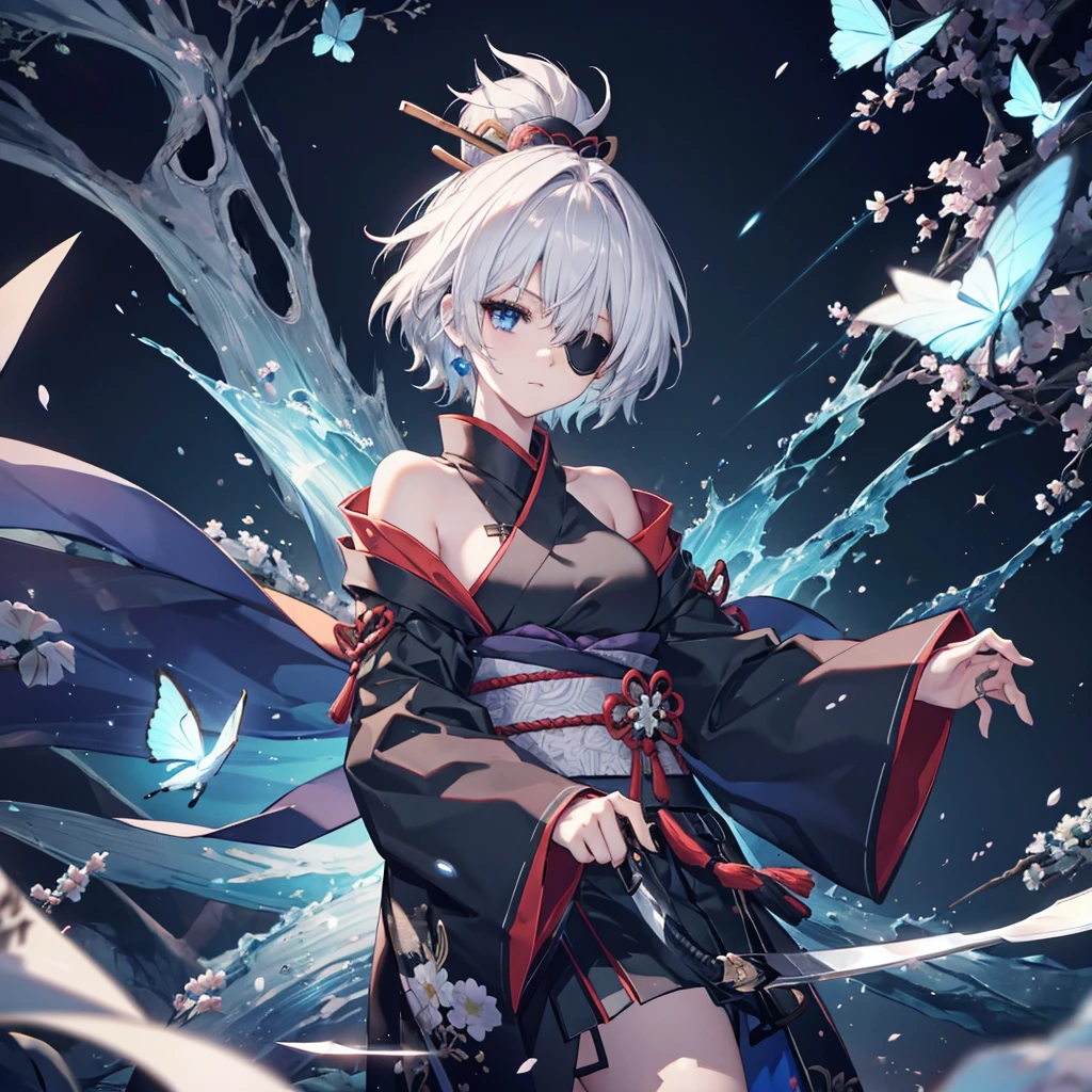 (((1 person　Put on an eye patch　Gray Hair　Qinglong)))　((High resolution　short hair　Black kimono　Shoulder　Rin々Funny face　knifeを胸の前で構える))　((Black Band　samurai　Lonely　despair　blue eyes　Close-up))　((Blue Butterfly　night　Japanese style　old　Shining Aura　garden　water surface　Catch the wind　Distorted Space))　(dance　日本knife　knife　Slashing)　月night　moonlight　star　Draw your sword　Shining Background　Shining Edge