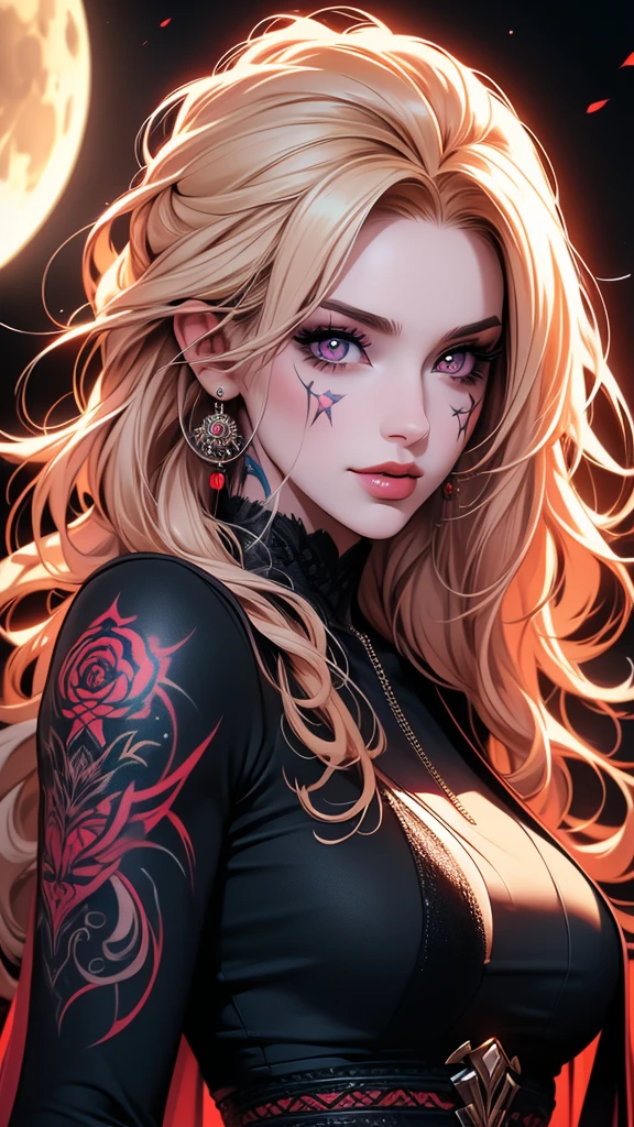 Ryan Ashley Malarkey, perfil portrait image of a woman with long light blond and black curly hair, red eyes, she wears social clothes and have a lot of ((tattoos on her body)). She is smiling like a villain, with a moon tattooed on her face, she is on a dark city scenery, symmetrical face, ((symmetric eyes)), high contrast, digital art trend on Artstation 8k HD high definition detailed realistic , hiper detalhado