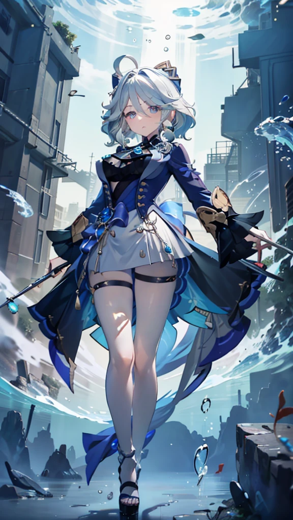 (full body),masterpiece, The best quality at its best, One huge breasted girl, Follina, Genshin Impact, Gray Hair, Blue Hair, Cute big breasts, Tear organ pupil, sad, Clit, Underwater, Air bubbles, big, Fall into oblivion, Abandoned city