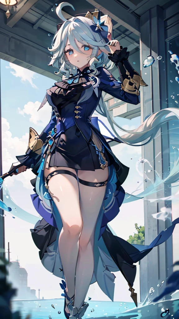 (full body),masterpiece, The best quality at its best, One huge breasted girl, Follina, Genshin Impact, Gray Hair, Blue Hair, Cute big breasts, Tear organ pupil, sad, Clit, Underwater, Air bubbles, big, Fall into oblivion, Abandoned city
