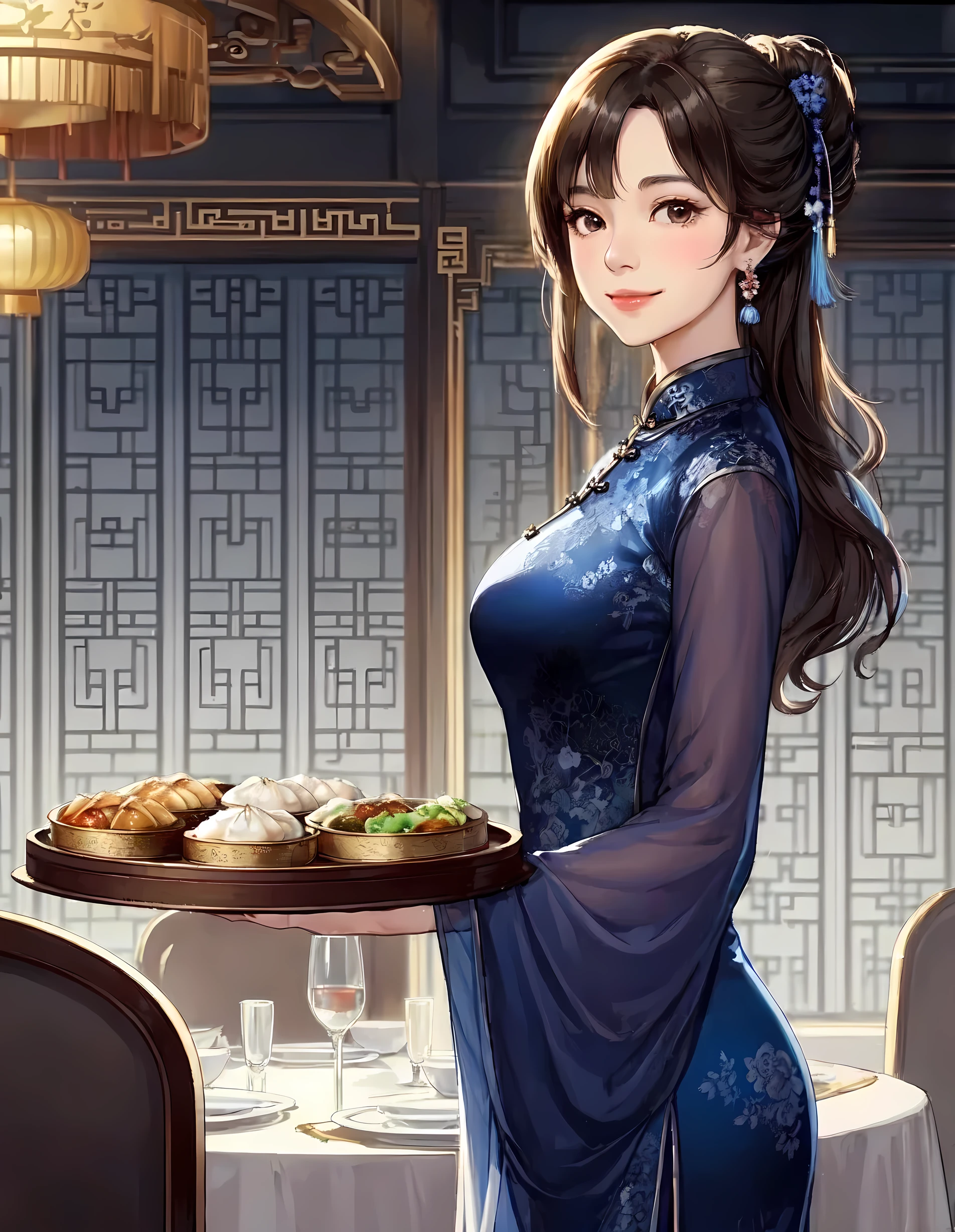 1lady solo, from side, standing, (elegant cheongsam) stylish floral, (mature female:0.8), /(dark brown hair/) bangs, kind smile, (masterpiece best quality:1.2) delicate illustration ultra-detailed, large breasts, (holding tray with dim sum) BREAK (Chinese restaurant) indoors, dim sum, table, detailed background