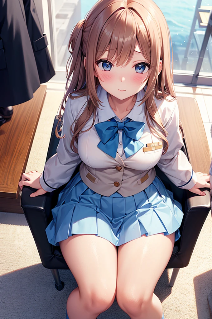 From above, (Squint your eyes:1.2), close, One Girl, blush, sit, nsfw,beautiful girl,Wear a uniform, Light blue skirt, Anime move