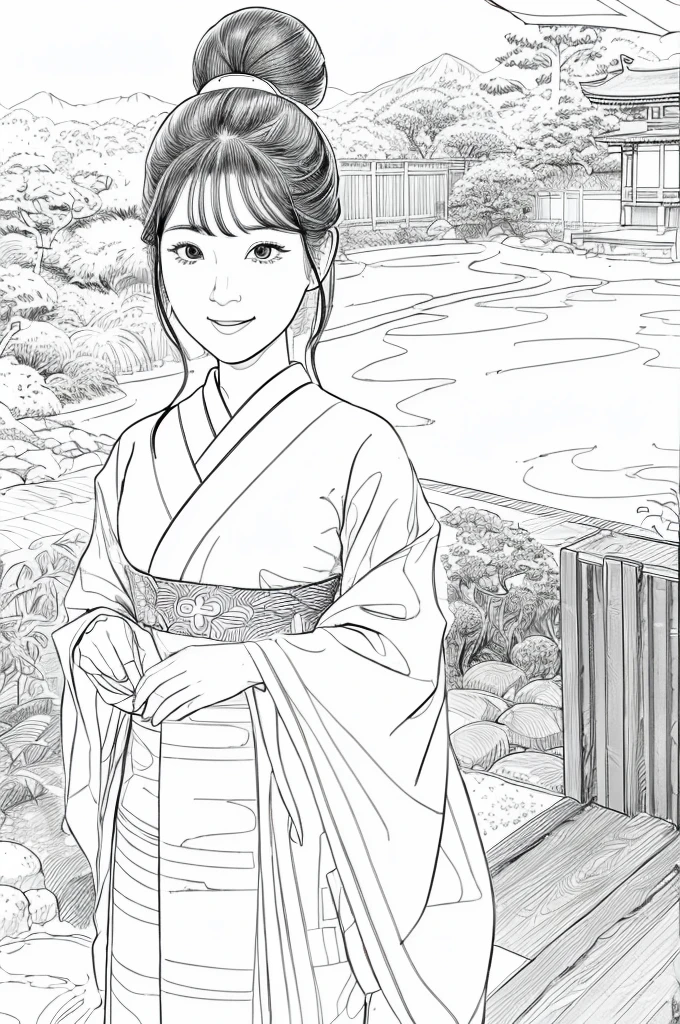 Please create a realistic ukiyo-e illustration of a cute, smiling woman in a kimono that conveys Japanese culture in various poses with (a Japanese garden in the background:1.5), using a simple black and white coloring book that even children can do. The illustration is a illustration with detailed facial features and cartoon-style visuals, (high contrast, sketch, monochrome, clean line drawings for coloring book:1.5)