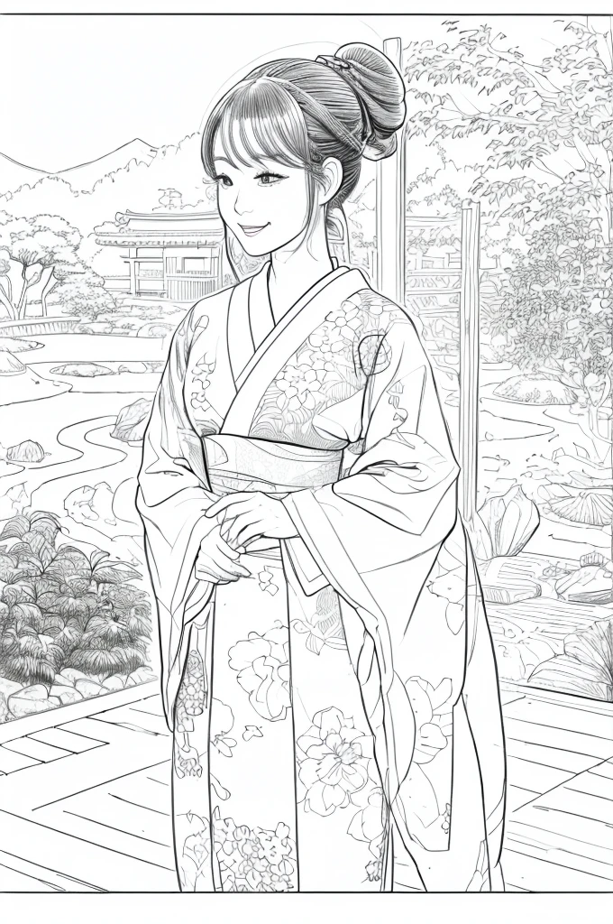 Please create a realistic ukiyo-e illustration of a cute, smiling woman in a kimono that conveys Japanese culture in various poses with (a Japanese garden in the background:1.5), using a simple black and white coloring book that even children can do. The illustration is a illustration with detailed facial features and cartoon-style visuals, (high contrast, sketch, monochrome, clean line drawings for coloring book:1.5)