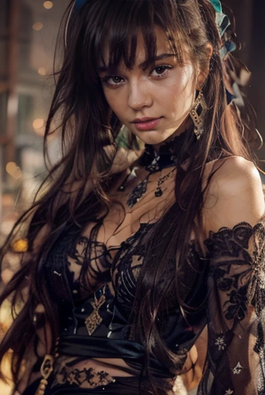 ((1 beautiful girl, gorgeous, large firm push up breasts, black dresses, neckline, 20 years old)),black hairs green eyes),Raw photo,ultra realistic, uhd, realistic skin and hairs, best quality,16k resolution,vivid colors, (((the most beautiful cute girl faces in the world))), ear rings, beautiful make up