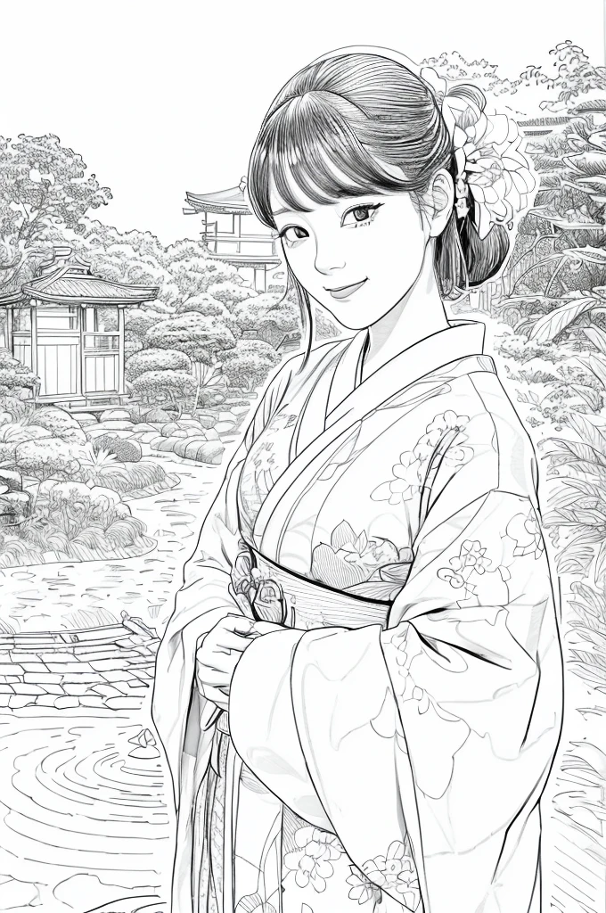 Please create a realistic ukiyo-e illustration of a cute, smiling woman in a kimono that conveys Japanese culture in various poses with (a Japanese garden in the background:1.5), using a simple black and white coloring book that even children can do. The illustration is a illustration with detailed facial features and cartoon-style visuals, (high contrast, sketch, monochrome, clean line drawings for coloring book:1.5)