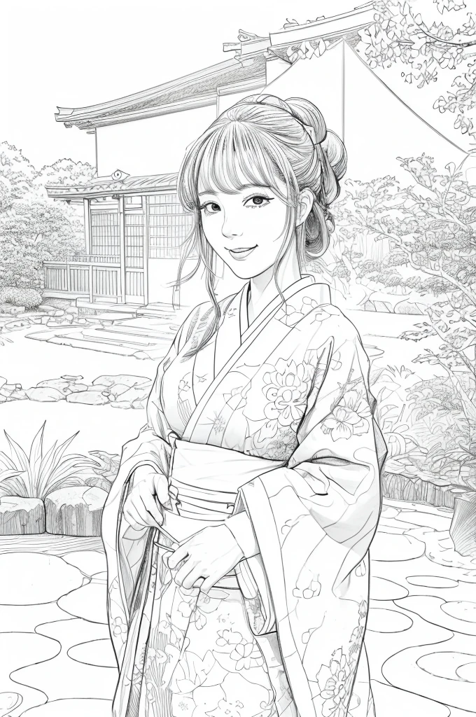 Please create a realistic ukiyo-e illustration of a cute, smiling woman in a kimono that conveys Japanese culture in various poses with (a Japanese garden in the background:1.5), using a simple black and white coloring book that even children can do. The illustration is a illustration with detailed facial features and cartoon-style visuals, (high contrast, sketch, monochrome, clean line drawings for coloring book:1.5)