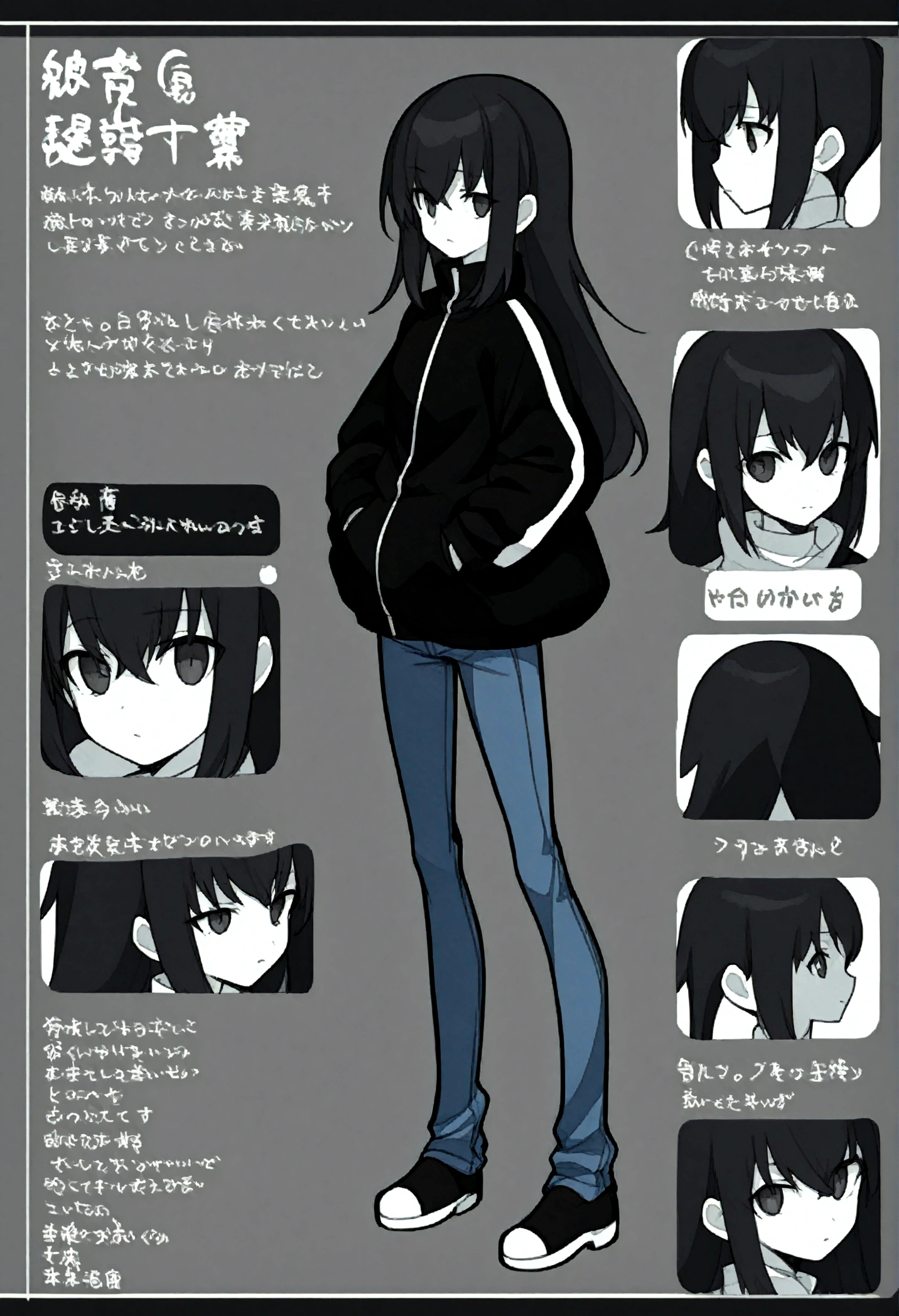 Create a character model sheet that includes full body of the character, front view, side view, and back view. The character is a college girl with black wolf-cut hair, wearing oversized jacket and jeans. She has a black eye, white skin