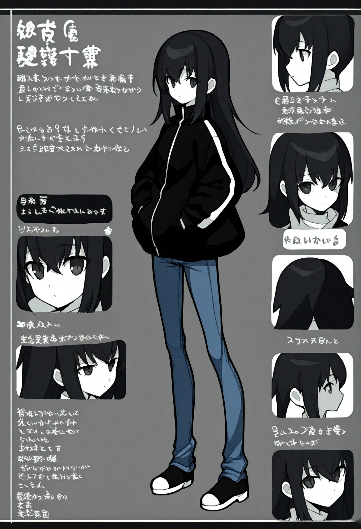 Create a character model sheet that includes full body of the character, front view, side view, and back view. The character is a college girl with black wolf-cut hair, wearing oversized jacket and jeans. She has a black eye, white skin