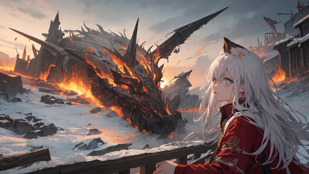 masterpiece:1.2), best quality , 独奏 ,pixiv, anime girl ，long straight white hair , black eyes ,Wearing off-white camouflage uniform ,，military fortress，(Eyes looking into the distance:1.3)，(look away:1.5)，snowy weather，dirty face，The background is a city in flames with blood on the forehead，dirty face，Backlight，Bare rocky peaks ,Fierce flames are burning，The expression is sad，Grit your teeth，The chariot is burning，