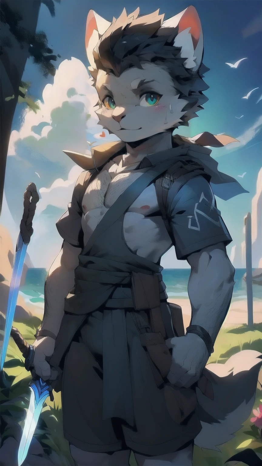 White Wolf,black hair,Sky blue eyes,hairy,Wolf ears,Wolf tail,Full body portrait,The character is in the center of the frame,Handsome,Confident eyes,male,juvenile,Black and white combat uniform,Red neck bib,Black shorts,Short sleeve,hairy arms and legs,Dark background,illumination,shadow,Swordsman,Scabbard and sword,Hold the hilt of a sword in your hand,The scabbard is at the waist,Highest quality
