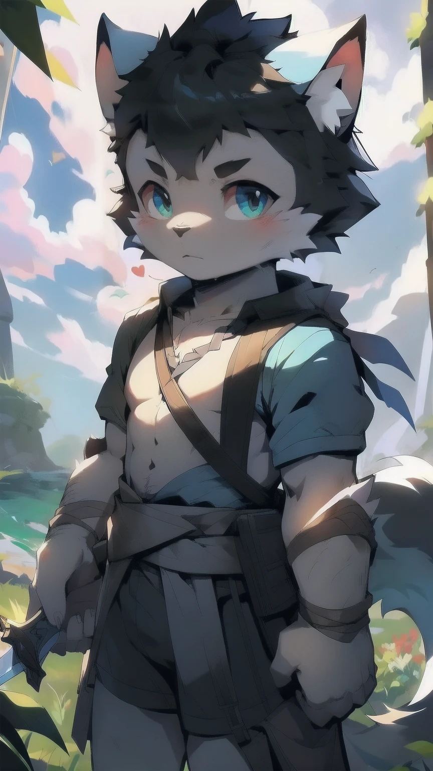 White Wolf,black hair,Sky blue eyes,hairy,Wolf ears,Wolf tail,Full body portrait,The character is in the center of the frame,Handsome,Confident eyes,male,juvenile,Black and white combat uniform,Red neck bib,Black shorts,Short sleeve,hairy arms and legs,Dark background,illumination,shadow,Swordsman,Scabbard and sword,Hold the hilt of a sword in your hand,The scabbard is at the waist,Highest quality