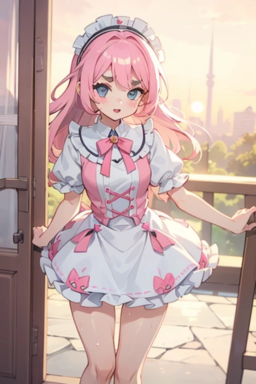 Girl with pink hair, long double-tailed hairstyle ((small pink bushy eyebrows)), lolicon, dressed in lolita dress, sunset lighting showing her body, very marked thigh gap, Thigh Gap, marked vagina, lifting her skirt to show her vagina wet with semen, thighs splashed with semen