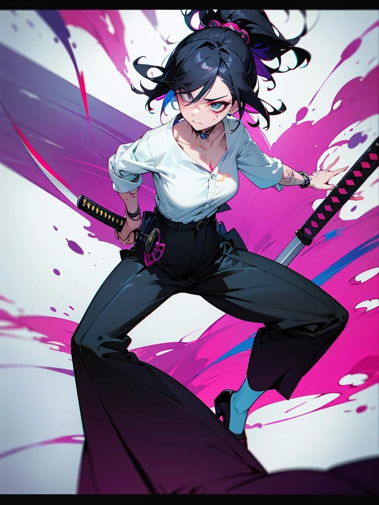 1 woman, wearing a stylish and edgy outfit, the color palette is mainly dark with splashes of vibrant colors, tailored white shirts, fashionable, woman, vibrant, outfit, colorful, accessory, majestic, sharp focus, modern, determined expression, closed one eye, disgusted face, embarrassed, Ink wash painting background, geometry tattoo, (cinematic), elaborate, holding japanese sword, katana, action pose, collarbone,