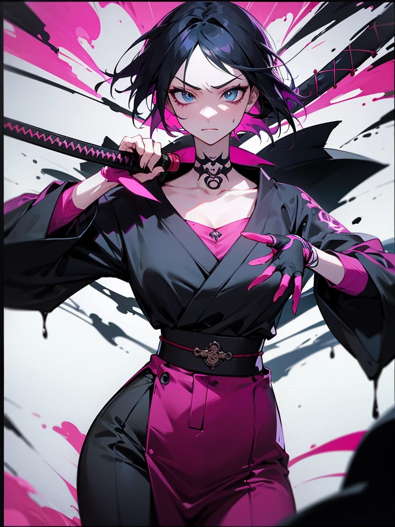 1 woman, wearing a stylish and edgy outfit, the color palette is mainly dark with splashes of vibrant colors, tailored white shirts, fashionable, woman, vibrant, outfit, colorful, accessory, majestic, sharp focus, modern, determined expression, closed one eye, disgusted face, embarrassed, Ink wash painting background, geometry tattoo, (cinematic), elaborate, holding japanese sword, katana, action pose, collarbone,