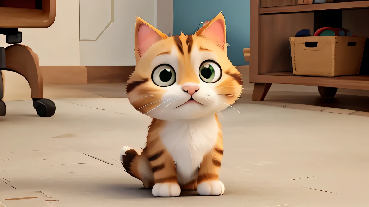 Create a cute cat using a mobile phone in the animated style looking at us 