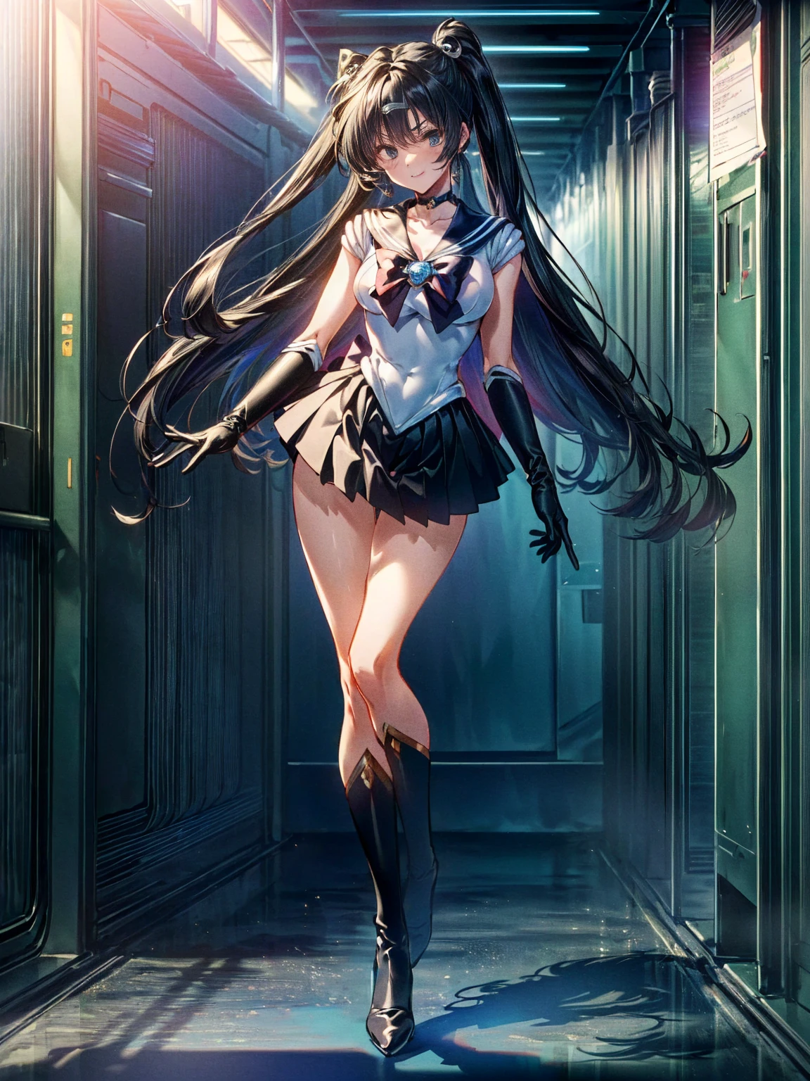 Perfect Anatomy,(8K, Highest quality, masterpiece:1.2),\(Beautiful Eyes\),\(Facial Features\),(\(Costume details Details\)\),(Big Lesbians , Super Skirt,Sailor Moon Costume,(Face Focus) ,Very detailedな CG Unity 8K 壁紙,Large file size,Very detailed,High resolution,Absurd,Beautiful Eyes,Ray Tracing,Dramatic Shadows,Down to the last detail,elevation,Hyper Detail,(alone),Anime Style、Very long straight hair、Black Hair、Black sailor collar、Black Absolute Short Mini Scarbow Gloves、(In the research facility:1.4),(full body:1.5),evil smile,