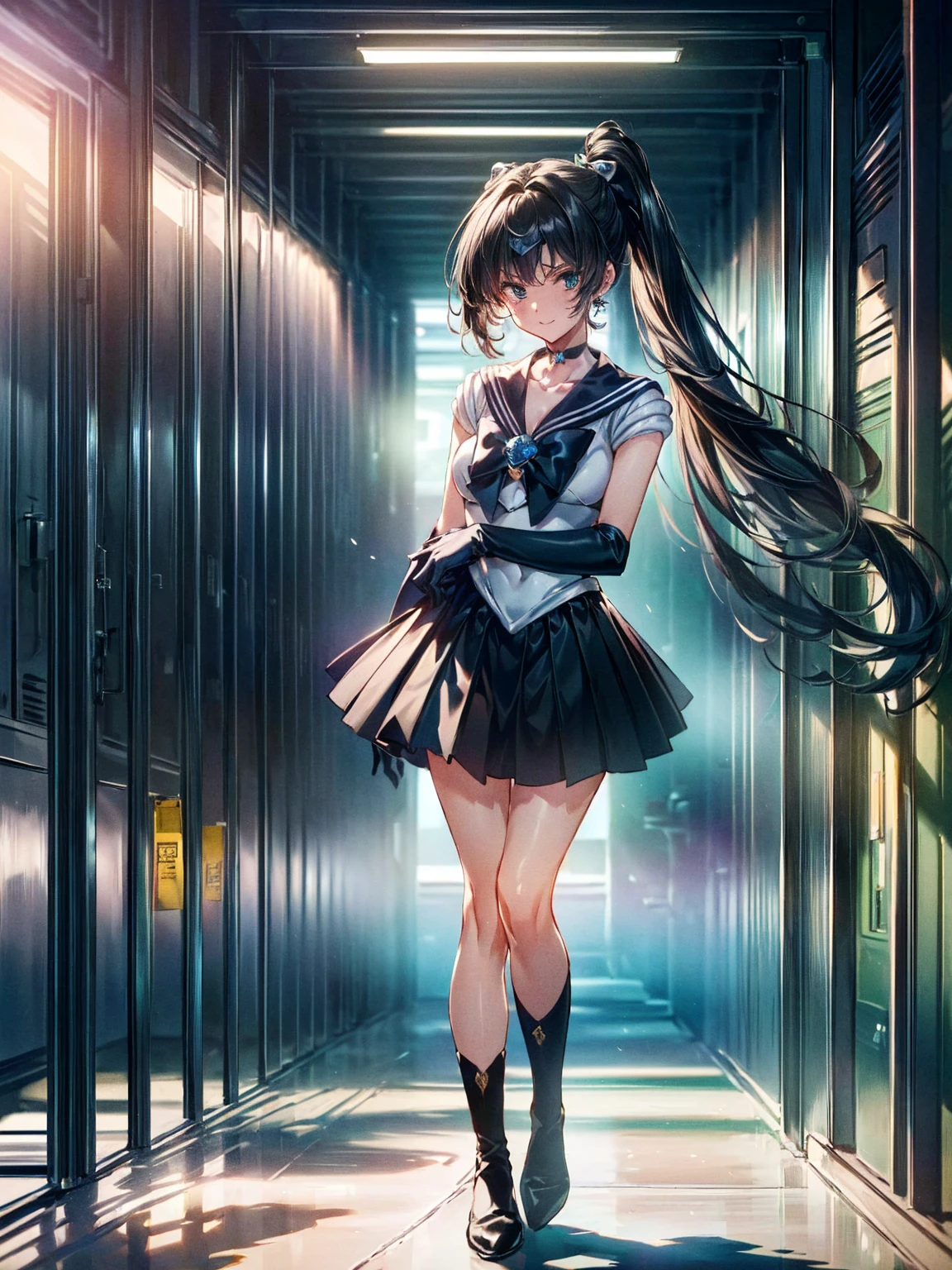 Perfect Anatomy,(8K, Highest quality, masterpiece:1.2),\(Beautiful Eyes\),\(Facial Features\),(\(Costume details Details\)\),(Big Lesbians , Super Skirt,Sailor Moon Costume,(Face Focus) ,Very detailedな CG Unity 8K 壁紙,Large file size,Very detailed,High resolution,Absurd,Beautiful Eyes,Ray Tracing,Dramatic Shadows,Down to the last detail,elevation,Hyper Detail,(alone),Anime Style、Very long straight hair、Black Hair、Black sailor collar、Black Absolute Short Mini Scarbow Gloves、(In the research facility:1.4),(full body:1.5),evil smile,