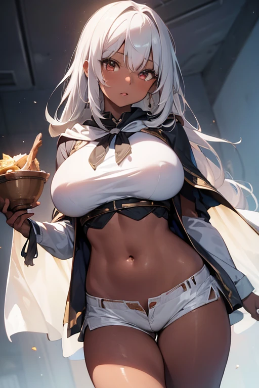 (masterpiece:1.2),Detailed explanation, Awards, high quality, High resolution, HD, 4K,8K,high quality,(professional illustration:1.1),(Chewy breasts,tender breasts:1.3),large breasts,close up face,Thighs focus,(dark skin:1.2),white hair,(****:1.2),(cape,poncho:1.2 ),Fuzz hair,Flowing hair,shorts,military uniform,(blouse:1.3),