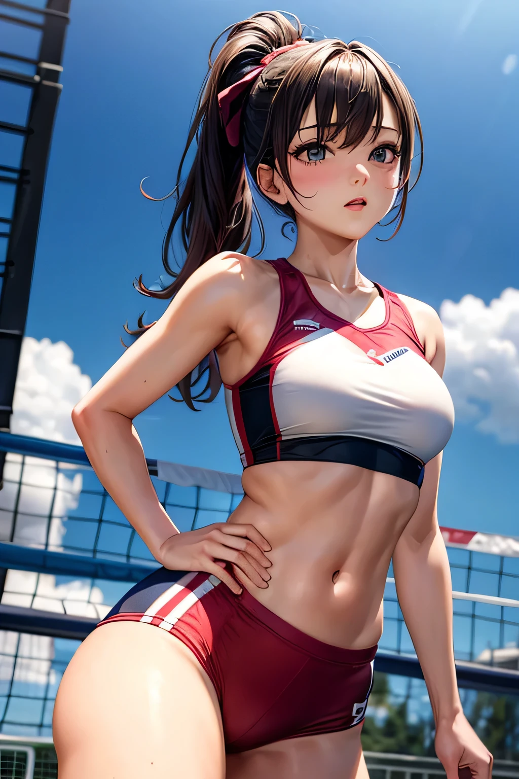 top-quality、lighting like a movie、 One girl wearing a red sports bra and sports panties、small tits、Slender Line、Squat and open legs、Stadium、tall、a small amount of sweat、A dark-haired、tiny chest、small ass、ツインテールA dark-haired、