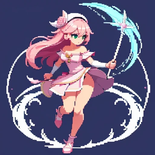 pixel art, full body, facing left (important), pink and white, holding a spear, magical girl, beret, long hair, loose, off-the-shoulder. Hair color: soft, pale pink hair. Eye color: green eyes. Outfit: white and pink based outfit. She wears a white short-sleeved off-the-shoulder top with a pink collar and buttons that reveal her collarbone, and a mini slit skirt shaped like a downward-pointing lotus petal. Accessories: She has a pink flower ornament in her right hair. Weapon in hand: a long spear with pink and white decorations.Young middle school student、Jump