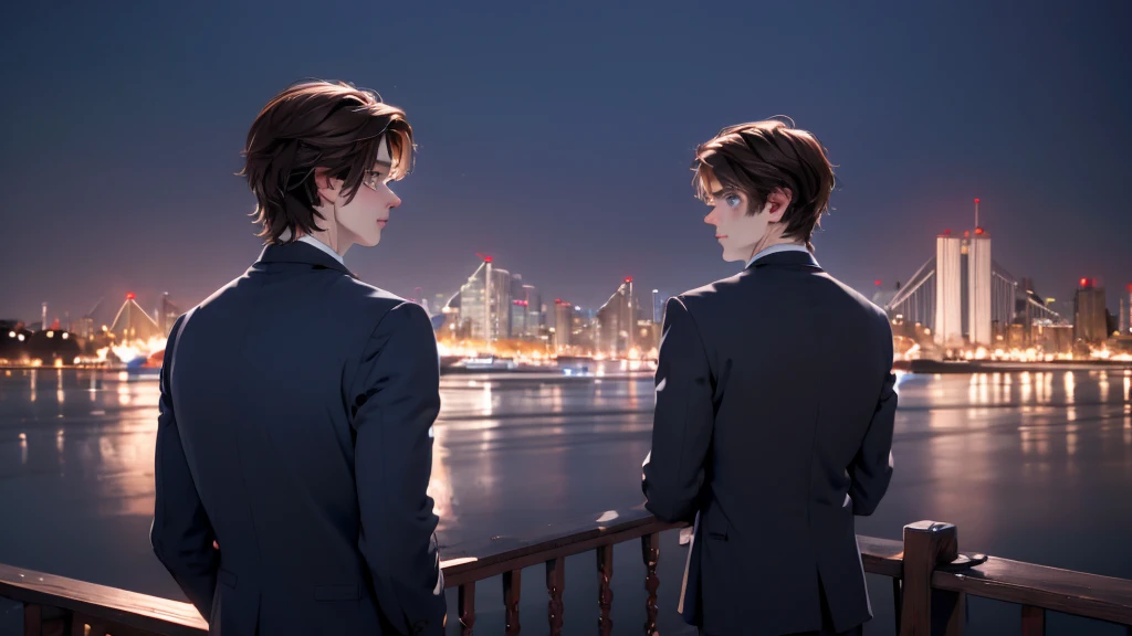 1 Boy, medium light brown hair, light blue eyes, wearing black suit, night city, 18+ , high res, ultrasharp, 8K, masterpiece, looking from behind