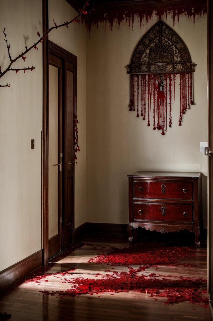 A branch is kept inside a room at night. Something is written in blood on the branch.