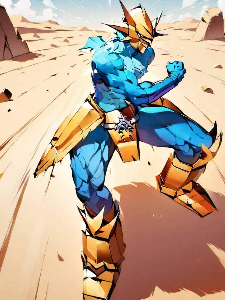 solo,angry ,Magnamon,tall,（musclar：1.5）,blue and white skin,(battle damaged:1.5),(topless Magnamon:2),(armor fragments:1.5),(shirtless:1.5), fighting_stance, in desert ,full_shot
