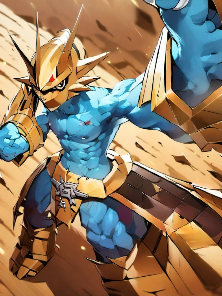 solo,angry ,Magnamon,tall,（musclar：1.5）,blue and white skin,(battle damaged:1.5),(topless Magnamon:2),(armor fragments:1.5),(shirtless:1.5), fighting_stance, in desert ,full_shot
