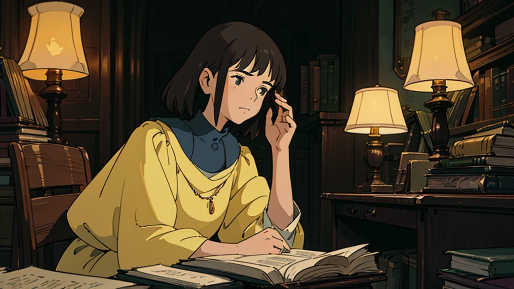 A girl, ensconced in a cozy corner on a rainy evening, sits surrounded by a jumble of books with an intensely profound study attitude. The soft yellow glow of the desk lamp illuminates her thoughtful expression, revealing her deep concentration and composed posture. Her inquisitive eyes dart back and forth between the pages, her nimble fingers turning them with subtle tilt, as she absorbs the old world wisdom contained within. The timeworn margins and sultry aura of the books add to the quiet night ambiance, creating a peaceful and tranquil countenance. This scholarly young woman, clad in plain attire, appears to be a seeker of knowledge and intellect