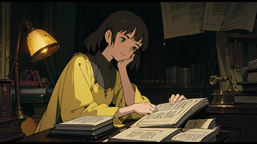 A girl, ensconced in a cozy corner on a rainy evening, sits surrounded by a jumble of books with an intensely profound study attitude. The soft yellow glow of the desk lamp illuminates her thoughtful expression, revealing her deep concentration and composed posture. Her inquisitive eyes dart back and forth between the pages, her nimble fingers turning them with subtle tilt, as she absorbs the old world wisdom contained within. The timeworn margins and sultry aura of the books add to the quiet night ambiance, creating a peaceful and tranquil countenance. This scholarly young woman, clad in plain attire, appears to be a seeker of knowledge and intellect