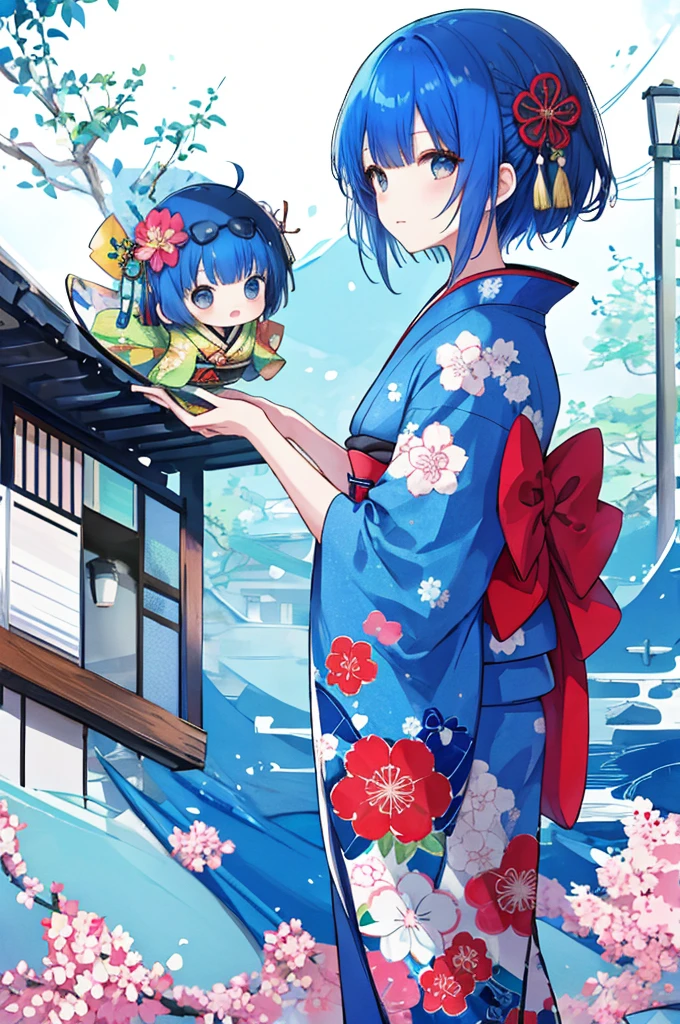 Kimono Girl、Blue hair short