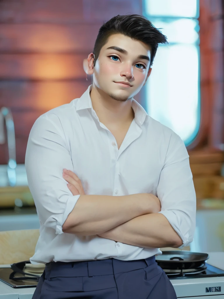 arafed man in a white shirt and blue pants standing in a kitchen, handsome male, inspired by Adam Dario Keel, rick dai, handsome and attractive, attractive and good looking, maxim shirkov, xqc, handsome chad chin, handsome man, mid-shot of a hunky, anton fedeev, attractive androgynous humanoid, (highly detailed face:1.4) (smile:0.7) (background inside dark, moody, private study:1.3) POV, by lee jeffries, nikon d850, film stock photograph ,4 kodak portra 400 ,camera f1.6 lens ,rich colors ,hyper realistic ,lifelike texture, dramatic lighting , cinestill 800