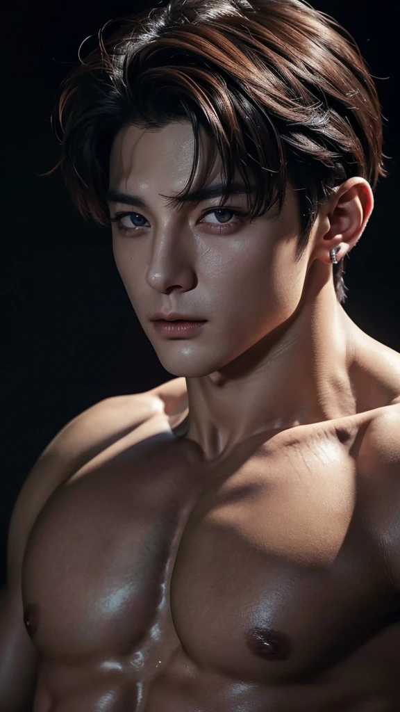 Jungkook a shirtless muscular man with chiseled abs in an erotic pose, detailed facial features, piercing eyes, sensual lips, dramatic lighting, dark and moody colors, photographic, cinematic, high fashion editorial, vogue magazine cover