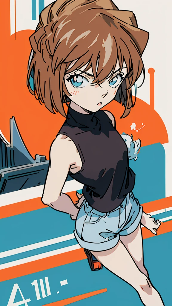 anime style, (1girl in, Solo:1.0), (Haibara Ai), ((Short pants)), (((Big eyes))), (Cute anime girl head), (flat chest),looking at viewer,With a height of 100cm, shoot from front, (head shot), Simple line minimalism, Abstract Art, City background, anime opening movie