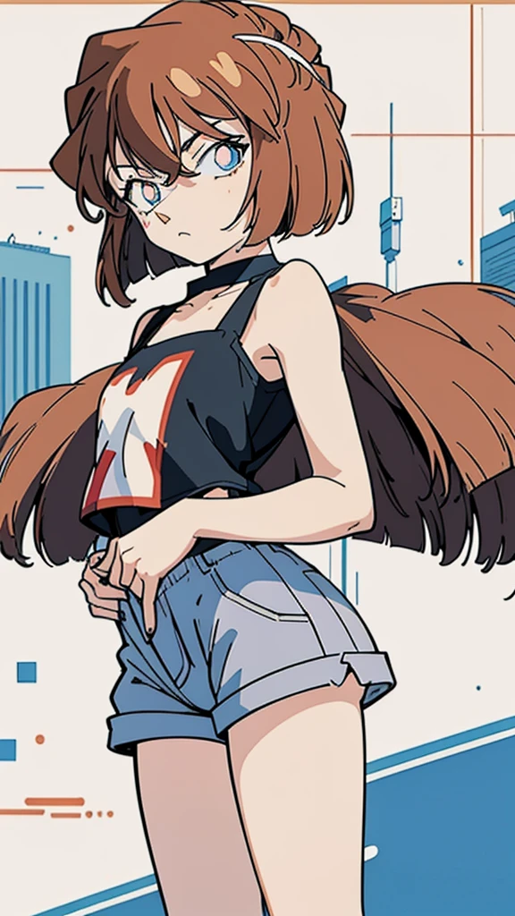 anime style, (1girl in, Solo:1.0), (Haibara Ai), ((Short pants)), (((Big eyes))), (Cute anime girl head), (flat chest),looking at viewer,With a height of 100cm, shoot from front, (head shot), Simple line minimalism, Abstract Art, City background, anime opening movie