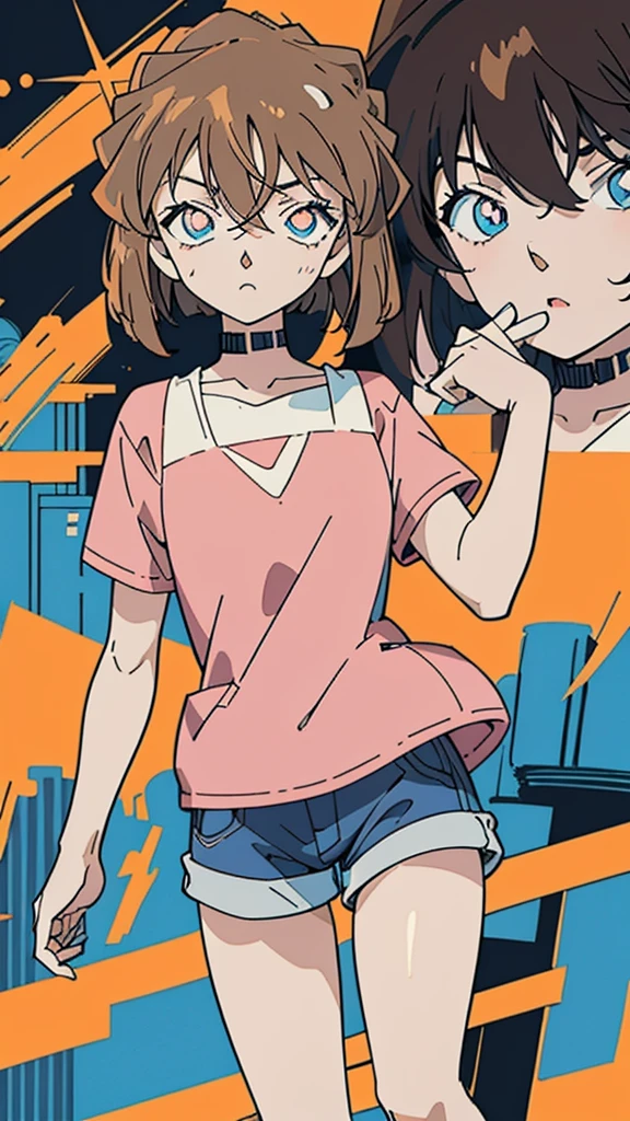 anime style, (1girl in, Solo:1.0), (Haibara Ai), ((Short pants)), (((Big eyes))), (Cute anime girl head), (flat chest),looking at viewer,With a height of 100cm, shoot from front, (head shot), Simple line minimalism, Abstract Art, City background, anime opening movie