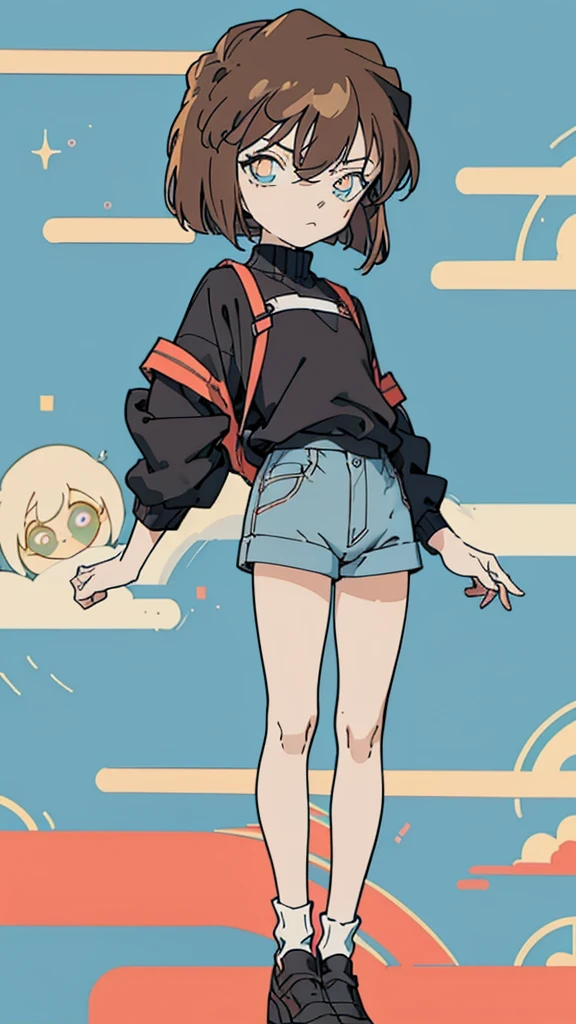 anime style, (1girl in, Solo:1.0), (Haibara Ai), ((Short pants)), (((Big eyes))), (Cute anime girl head), (flat chest),looking at viewer,With a height of 100cm, shoot from front, (head shot), Simple line minimalism, Abstract Art, City background, anime opening movie