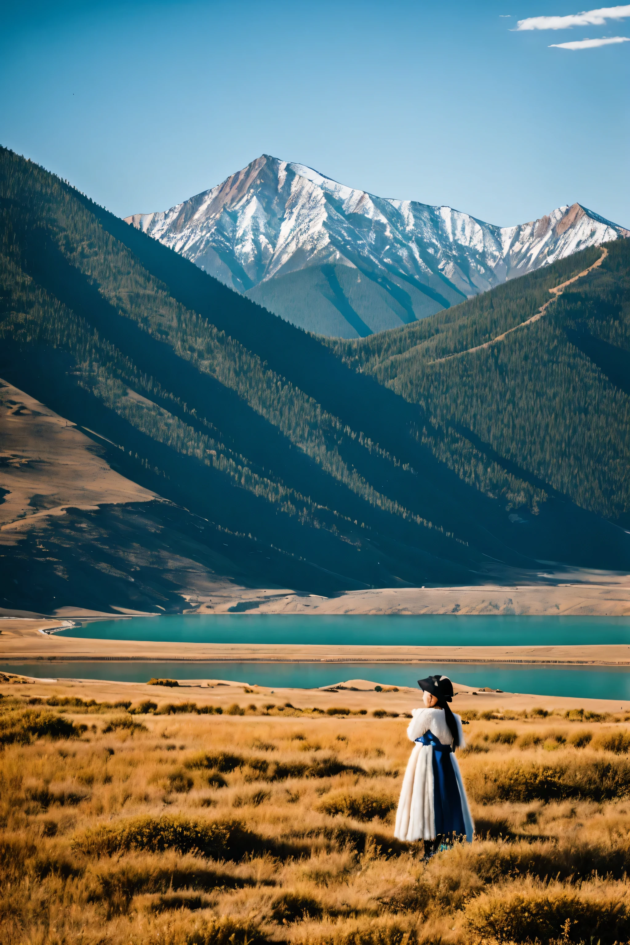 Draw a group of photographic works with Xinjiang scenery as the theme. The lighting angle is front light.,Backlight,侧Backlight,,Shooting scenery with panoramic view,Medium shot,Close shot,close-ups, etc,Realistic Photography,Realistic style,Nice lighting,Shooting angle:超Wide Angle,Wide Angle,Medium telephoto, etc.,Camera model Fuji xt4,Characters run,horse riding,Action meets retro film style,Aims to show the magnificent scenery of Xinjiang and,In the photo,The majestic Tianshan Snow Mountain,The tranquility of Sayram Lake,And the vast grasslands,They all became the protagonists of the screen,In particular,Taking a girl as the subject,She is wearing a white skirt or standing on the top of the mountain,Or sit by the lake,Or with the flock,Conveys the natural beauty of Xinjiang and people's,Choose the back of the littleas the subject,Because she symbolizes innocence,Hope and endless possibilities,Her back shuttles through the screen,Set against the magnificent scenery of Xinjiang,Together they form the soul of this group of works.,。