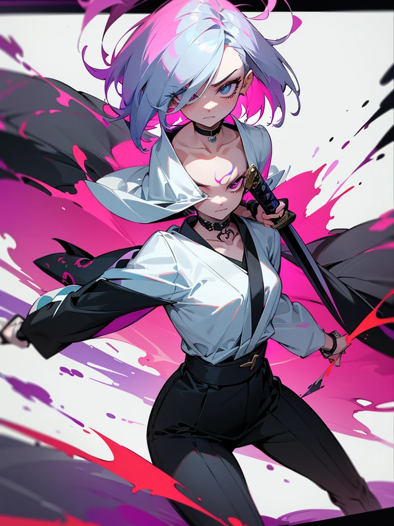 1 woman, wearing a stylish and edgy outfit, the color palette is mainly dark with splashes of vibrant colors, tailored white shirts, fashionable, woman, vibrant, outfit, colorful, accessory, majestic, sharp focus, modern, determined expression, closed one eye, disgusted face, embarrassed, Ink wash painting background, geometry tattoo, (cinematic), elaborate, holding japanese sword, katana, action pose, collarbone,