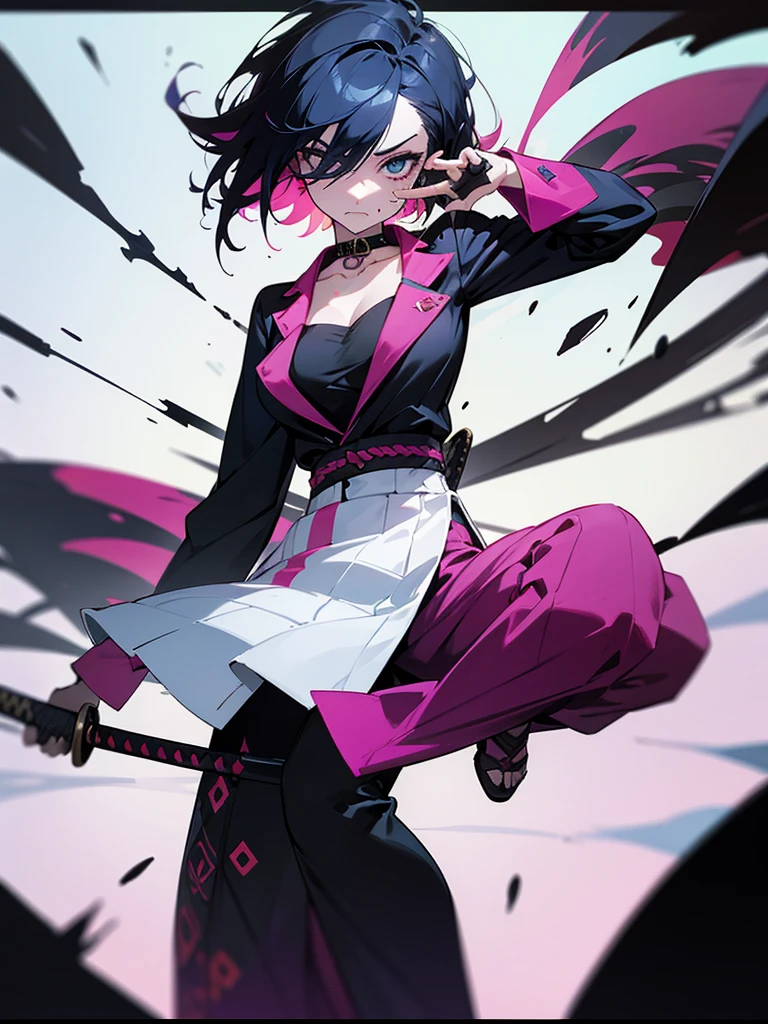 1 woman, wearing a stylish and edgy outfit, the color palette is mainly dark with splashes of vibrant colors, tailored white shirts, fashionable, woman, vibrant, outfit, colorful, accessory, majestic, sharp focus, modern, determined expression, closed one eye, disgusted face, embarrassed, Ink wash painting background, geometry tattoo, (cinematic), elaborate, holding japanese sword, katana, action pose, collarbone,