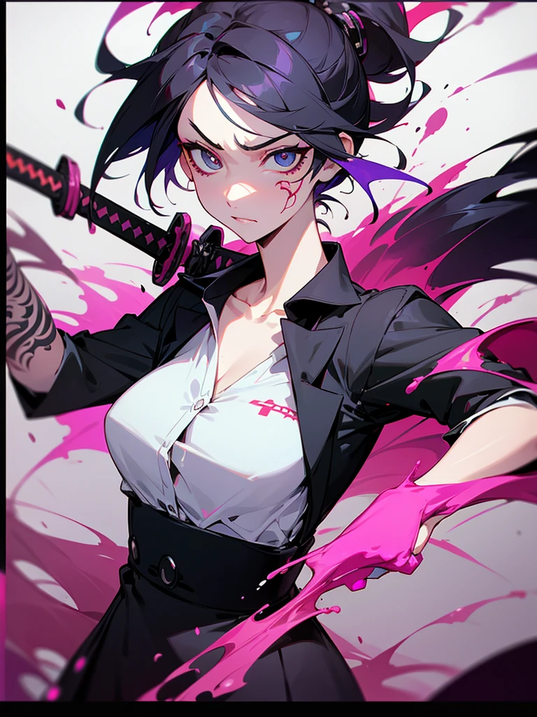 Cool women、sexy、Center of chest、Rize from Chainsaw Man、beauty、yandere、Sword in hand、Face close-up、Licking a knife、