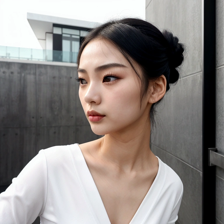 
a young chinese women, bitting lower lip, furrowed eyebrows. face facing downwards. wearing black tsirt. updo hairstyle. push up pose. captured from below super low angle. a hand holding her neck. white modern architecture as background