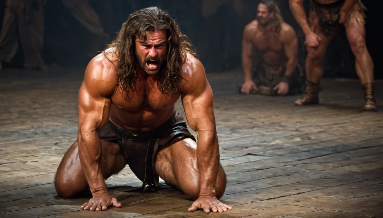 A dramatic scene with Samson, a muscular and strong man, with long hair and an expression of anguish on his knees prostrate on the ground.