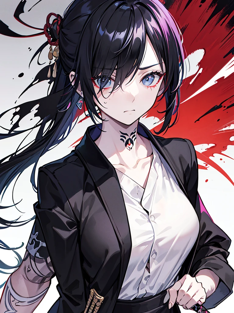 1 woman, wearing a stylish and edgy outfit, the color palette is mainly dark with splashes of vibrant colors, tailored white shirts, fashionable, woman, vibrant, outfit, colorful, accessory, majestic, sharp focus, modern, determined expression, closed one eye, disgusted face, embarrassed, Ink wash painting background, geometry tattoo, (cinematic), elaborate, holding japanese sword, katana, action pose, collarbone,