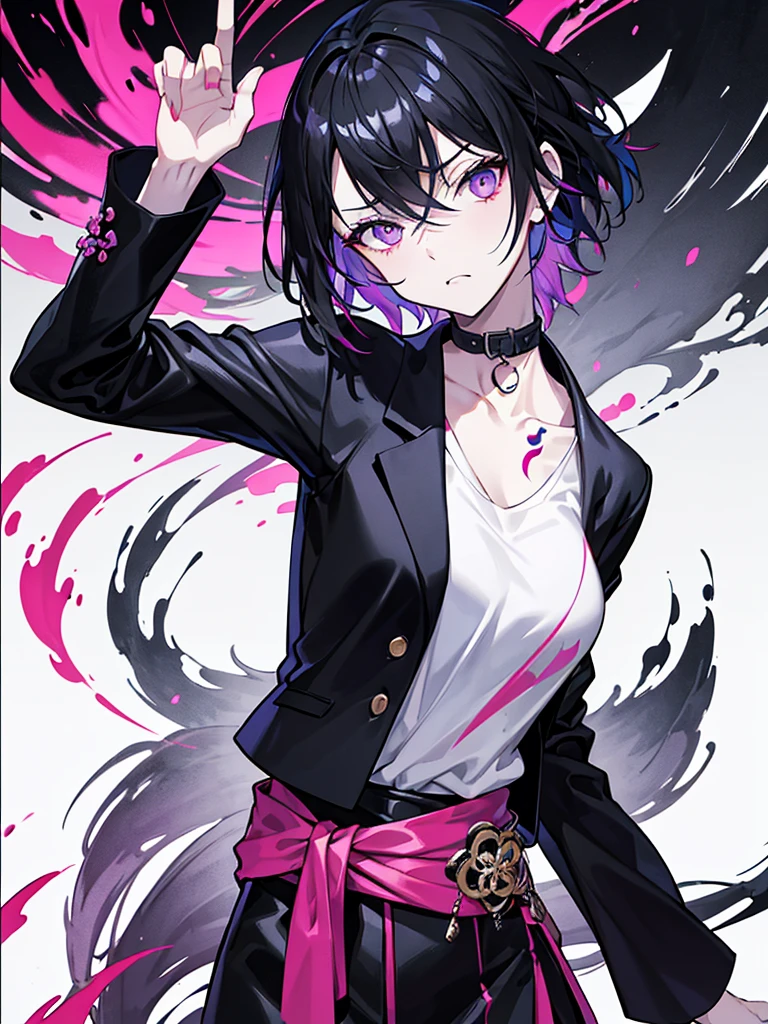 One person, Purple Eyes and Dark Purple Hair, Bobcut, Medium Haircut, Black leather jacket, Long Red Shirt with Some Tears on the Collar and Hem, Erect nipples,Black trousers, Black choker, (Bleach and My Hero Academia Style), (An illustration:Kōhei Horikoshi、By Tite Kubo), (Mixed Style), Kyoka Jiro, Kuchiki Rukia, (Mixed Text)
