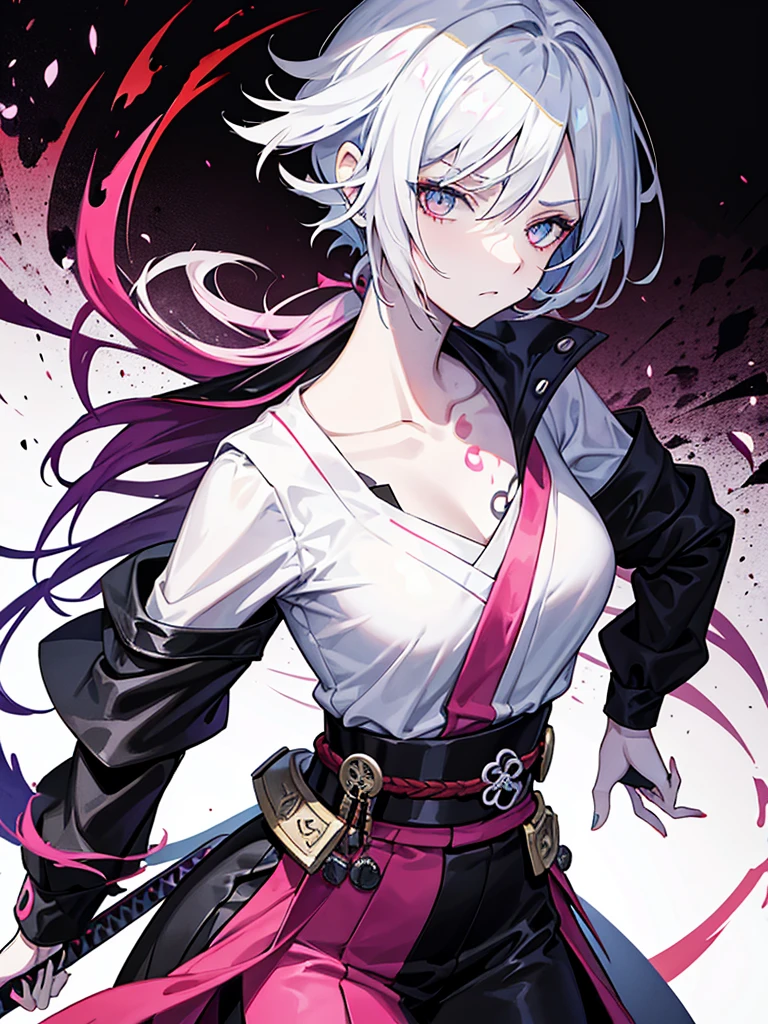1 woman, wearing a stylish and edgy outfit, the color palette is mainly dark with splashes of vibrant colors, tailored white shirts, fashionable, woman, vibrant, outfit, colorful, accessory, majestic, sharp focus, modern, determined expression, closed one eye, disgusted face, embarrassed, Ink wash painting background, geometry tattoo, (cinematic), elaborate, holding japanese sword, katana, action pose, collarbone,