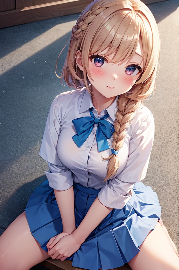 From above, (Squint your eyes:1.2), close, One Girl, blush, sit, nsfw,beautiful girl,Wear a uniform, Light blue skirt, Anime move,Braid