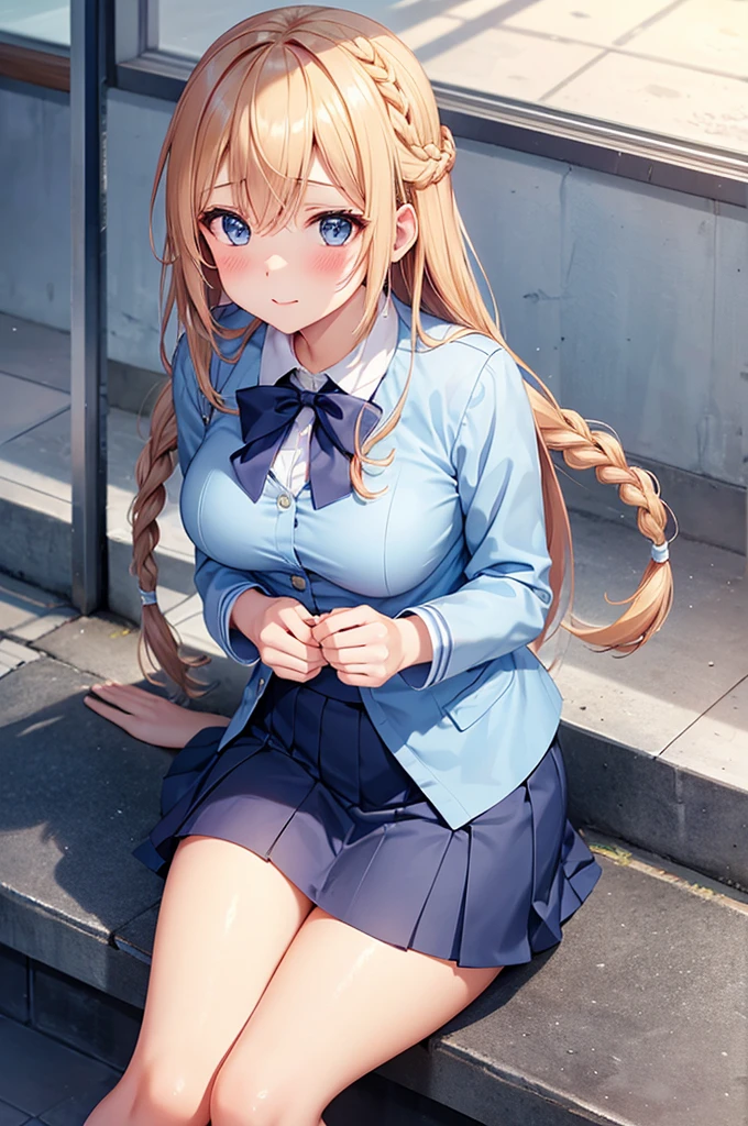 From above, (Squint your eyes:1.2), close, One Girl, blush, sit, nsfw,beautiful girl,Wear a uniform, Light blue skirt, Anime move,Braid